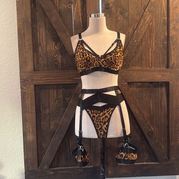 Lingerie with Garter Set High Waist Bra And Panty High Leopard Print Strappy Set - Picture 6 of 14
